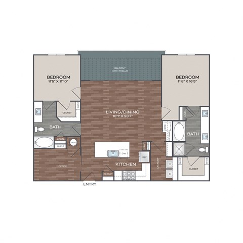 Floor plan for 2 beds, 2 baths, 1382 sqft